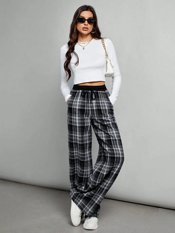 Tall Contrast Color Black And White Plaid Versatile Casual Texture Design Loose Trousers