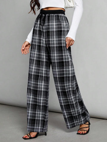 Tall Contrast Color Black And White Plaid Versatile Casual Texture Design Loose Trousers