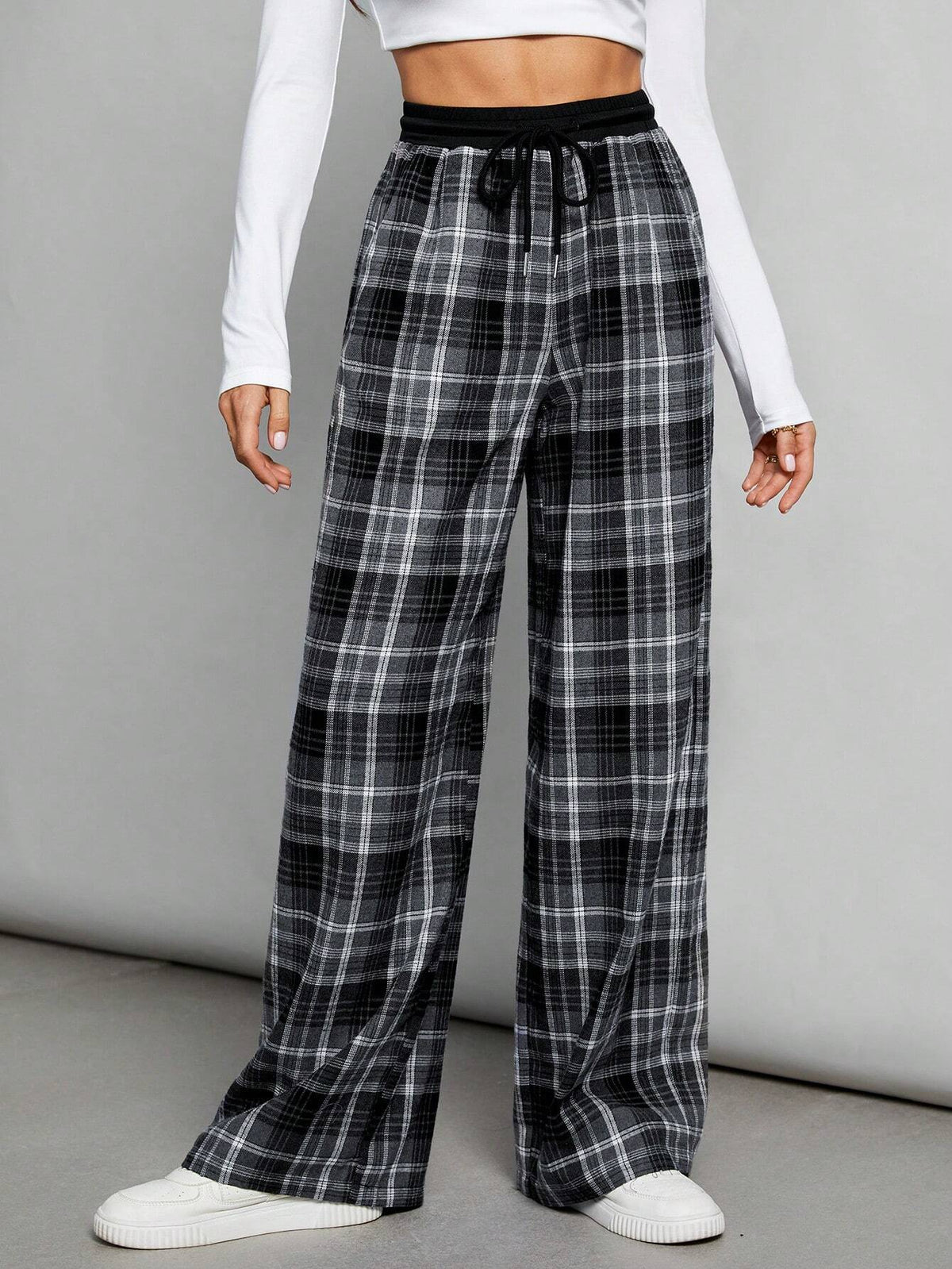 Tall Contrast Color Black And White Plaid Versatile Casual Texture Design Loose Trousers