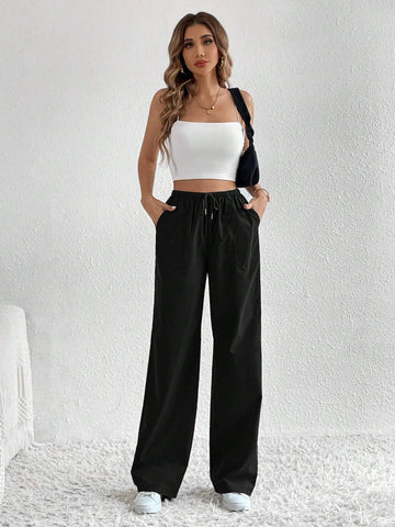 Tall Drawstring Waist Slant Pocket Wide Leg Pants