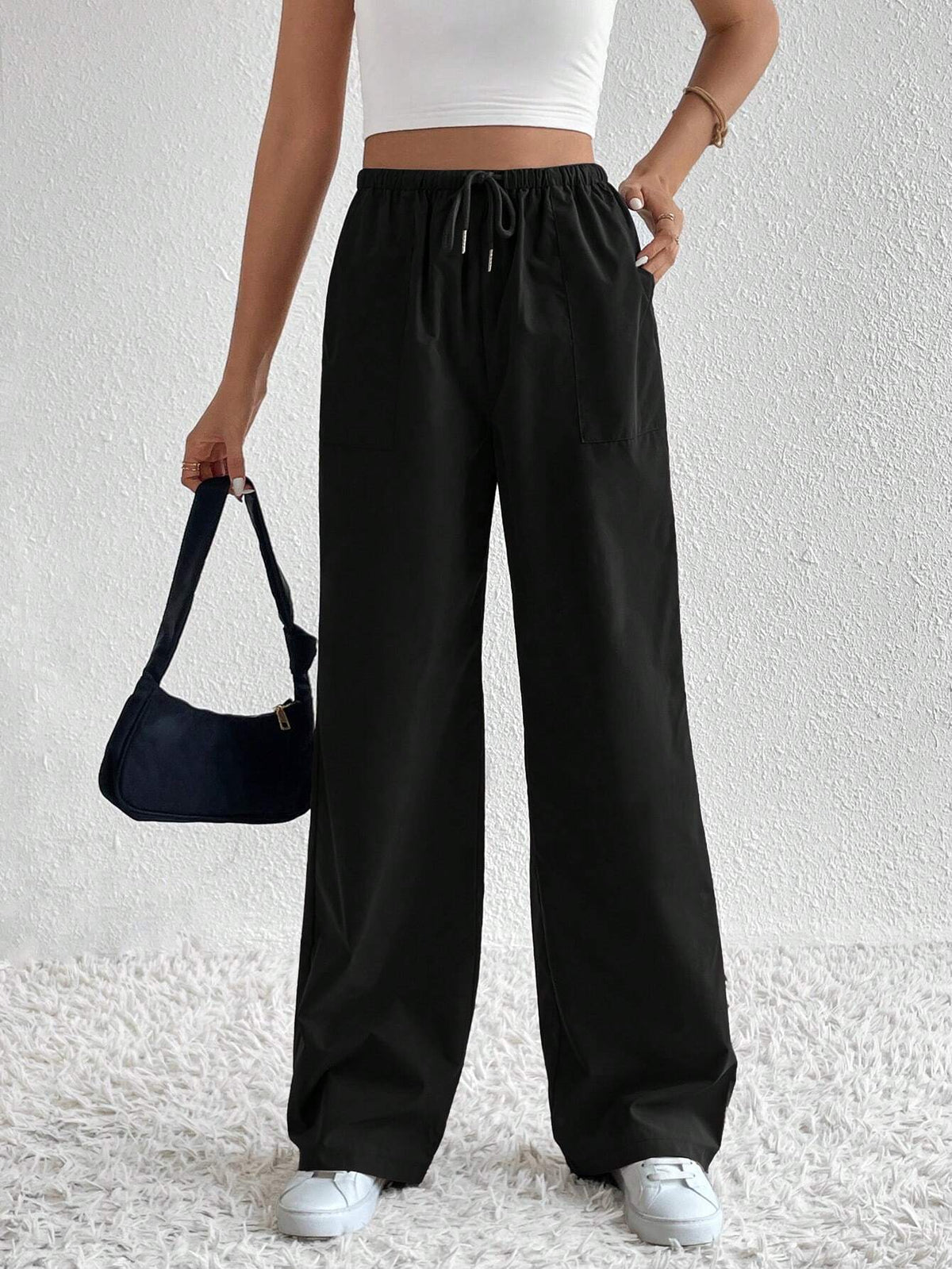 Tall Drawstring Waist Slant Pocket Wide Leg Pants