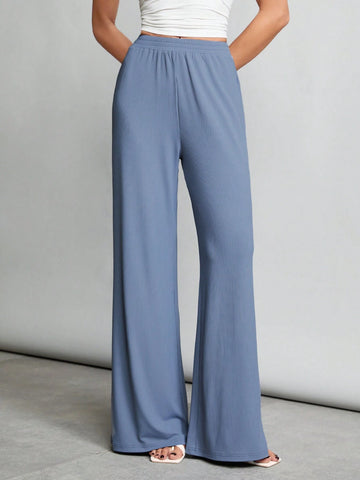 Tall Elastic Waist Ribbed Knit Wide-Leg Pants For Casual And Comfortable Wear At Home
