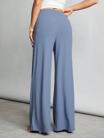Tall Elastic Waist Ribbed Knit Wide-Leg Pants For Casual And Comfortable Wear At Home