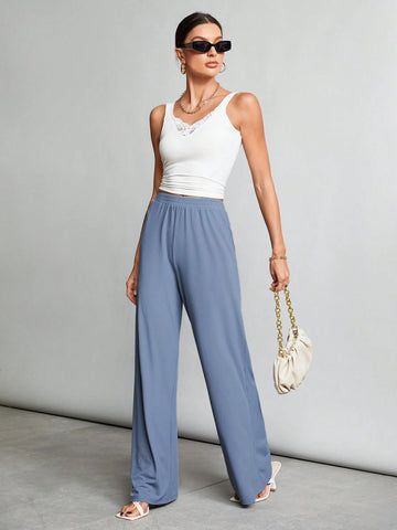 Tall Elastic Waist Ribbed Knit Wide-Leg Pants For Casual And Comfortable Wear At Home
