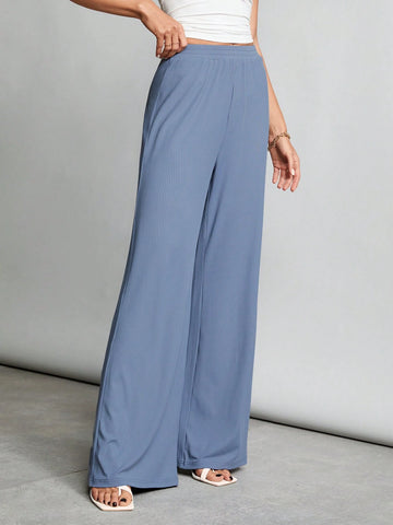 Tall Elastic Waist Ribbed Knit Wide-Leg Pants For Casual And Comfortable Wear At Home