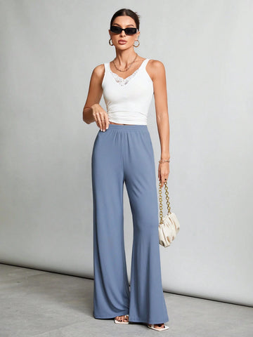 Tall Elastic Waist Ribbed Knit Wide-Leg Pants For Casual And Comfortable Wear At Home
