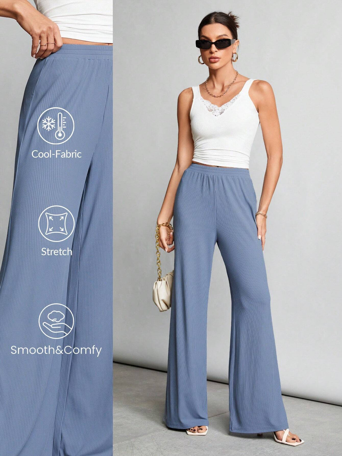 Tall Elastic Waist Ribbed Knit Wide-Leg Pants For Casual And Comfortable Wear At Home