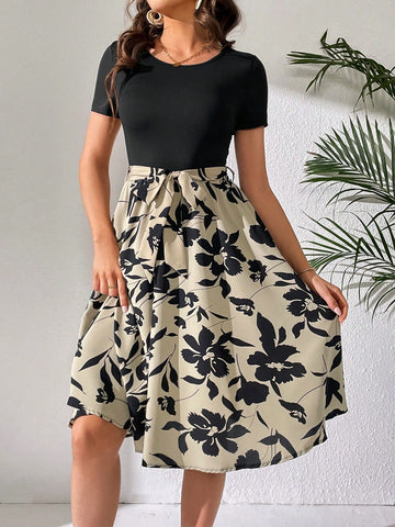 Floral Patchwork Short Sleeve Round Neck Dress