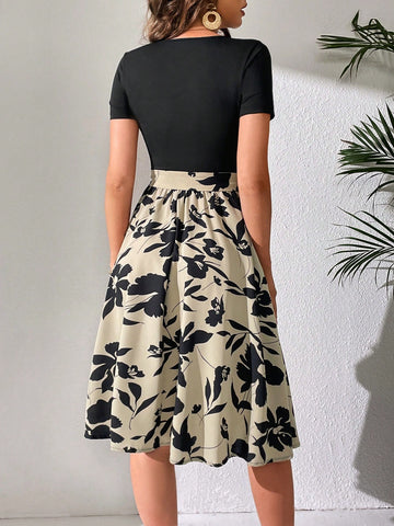 Floral Patchwork Short Sleeve Round Neck Dress