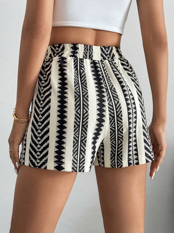 Tall Geo Print Drawstring Waist Tassel Tie Front Graphic Spring Break Shorts