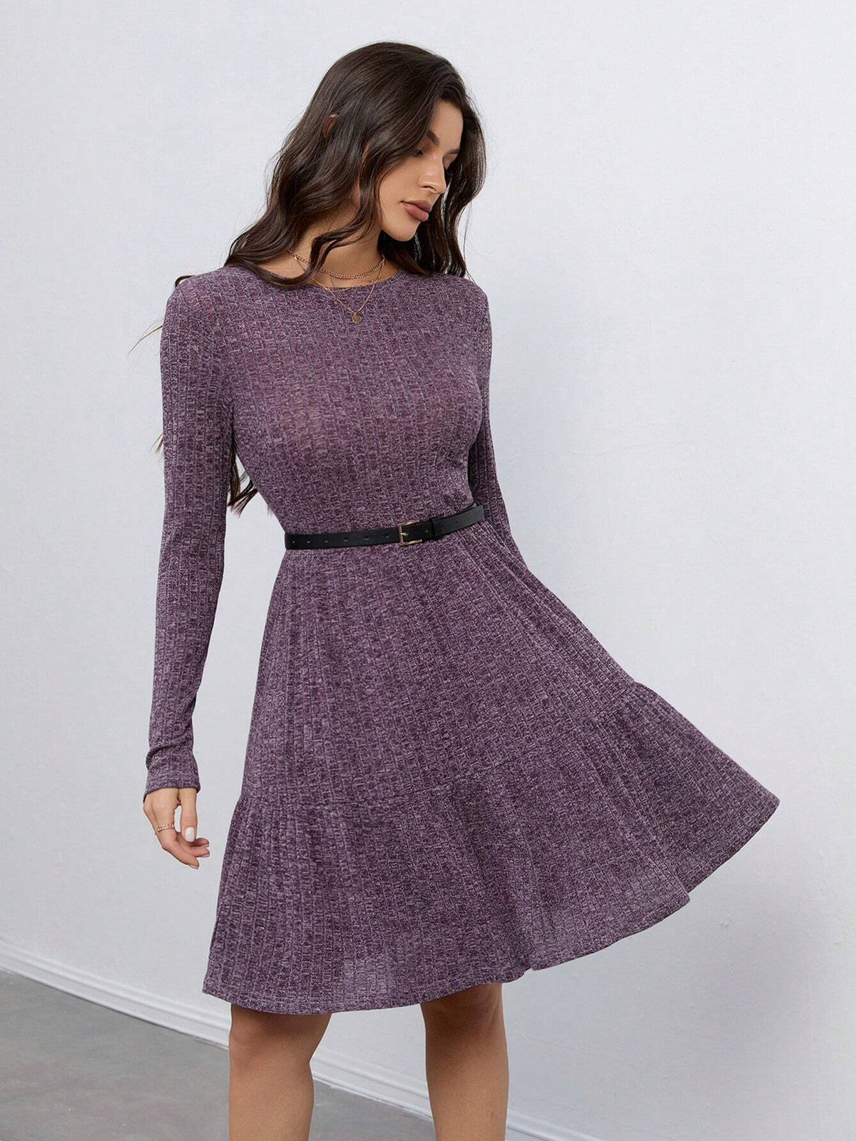 Knitted Brushed Pit Strip Long-Sleeved Waist A-Hem Women's Dress Suitable For Autumn And Winter