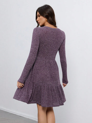 Knitted Brushed Pit Strip Long-Sleeved Waist A-Hem Women's Dress Suitable For Autumn And Winter