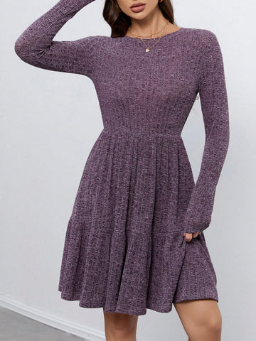 Knitted Brushed Pit Strip Long-Sleeved Waist A-Hem Women's Dress Suitable For Autumn And Winter