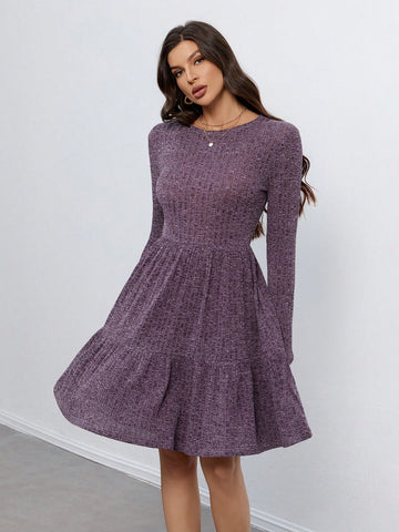 Knitted Brushed Pit Strip Long-Sleeved Waist A-Hem Women's Dress Suitable For Autumn And Winter
