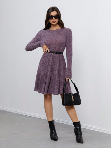 Knitted Brushed Pit Strip Long-Sleeved Waist A-Hem Women's Dress Suitable For Autumn And Winter