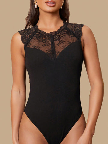 Lace Spliced Sleeveless Bodysuit For Women