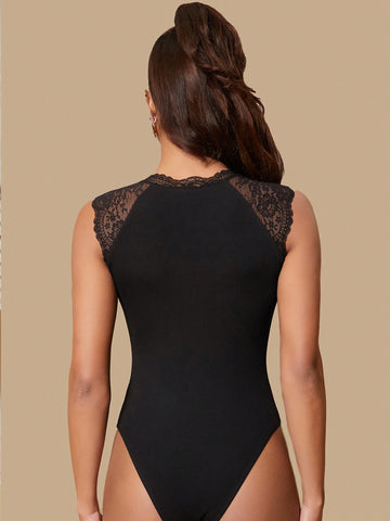 Lace Spliced Sleeveless Bodysuit For Women