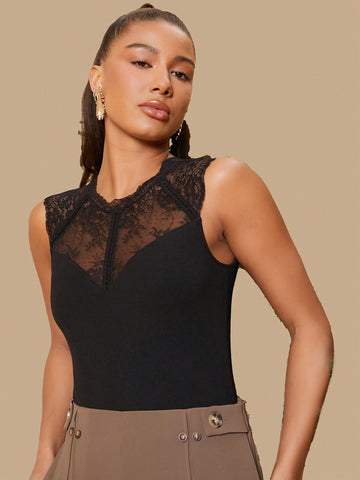 Lace Spliced Sleeveless Bodysuit For Women