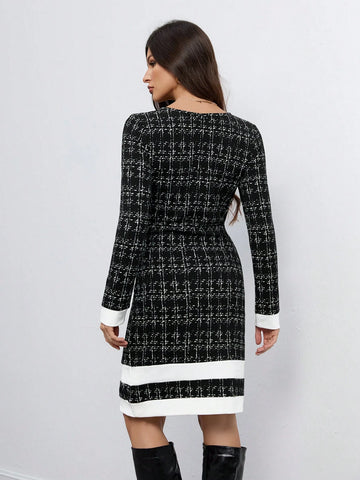 Ladies Elegant Little Fragrant Knitted Contrast Color Versatile Fashion Dress