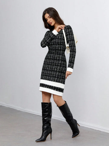 Ladies Elegant Little Fragrant Knitted Contrast Color Versatile Fashion Dress