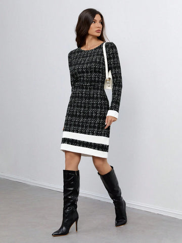 Ladies Elegant Little Fragrant Knitted Contrast Color Versatile Fashion Dress