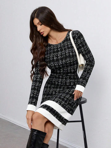 Ladies Elegant Little Fragrant Knitted Contrast Color Versatile Fashion Dress