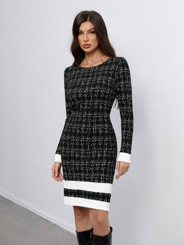 Ladies Elegant Little Fragrant Knitted Contrast Color Versatile Fashion Dress