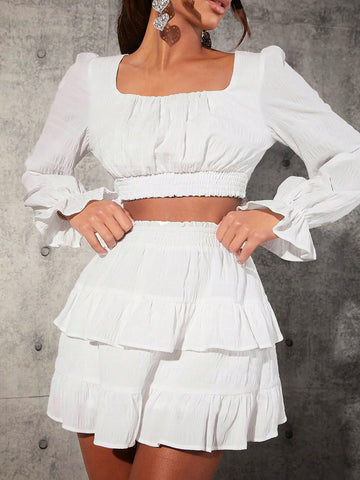 Ladies' Solid Color Shirt & Skirt Two Piece Set