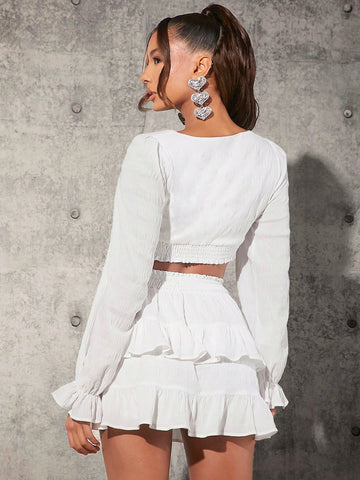 Ladies' Solid Color Shirt & Skirt Two Piece Set
