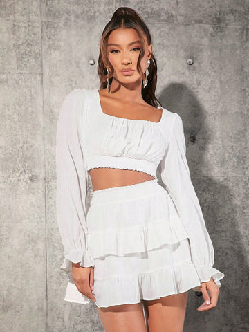 Ladies' Solid Color Shirt & Skirt Two Piece Set