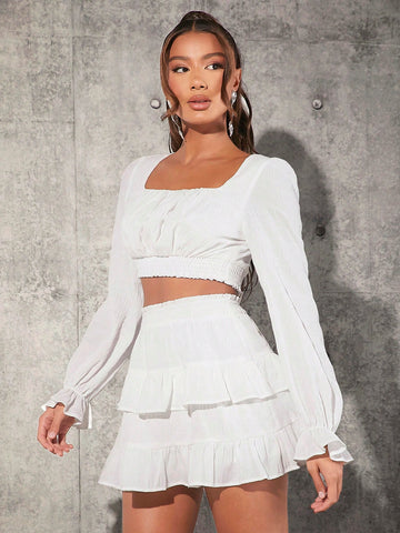 Ladies' Solid Color Shirt & Skirt Two Piece Set