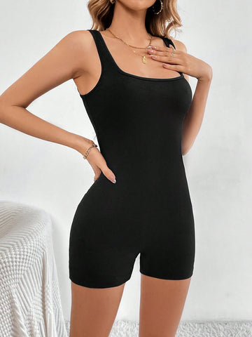 Ladies' Square Neck Wide Strap Bodycon Jumpsuit