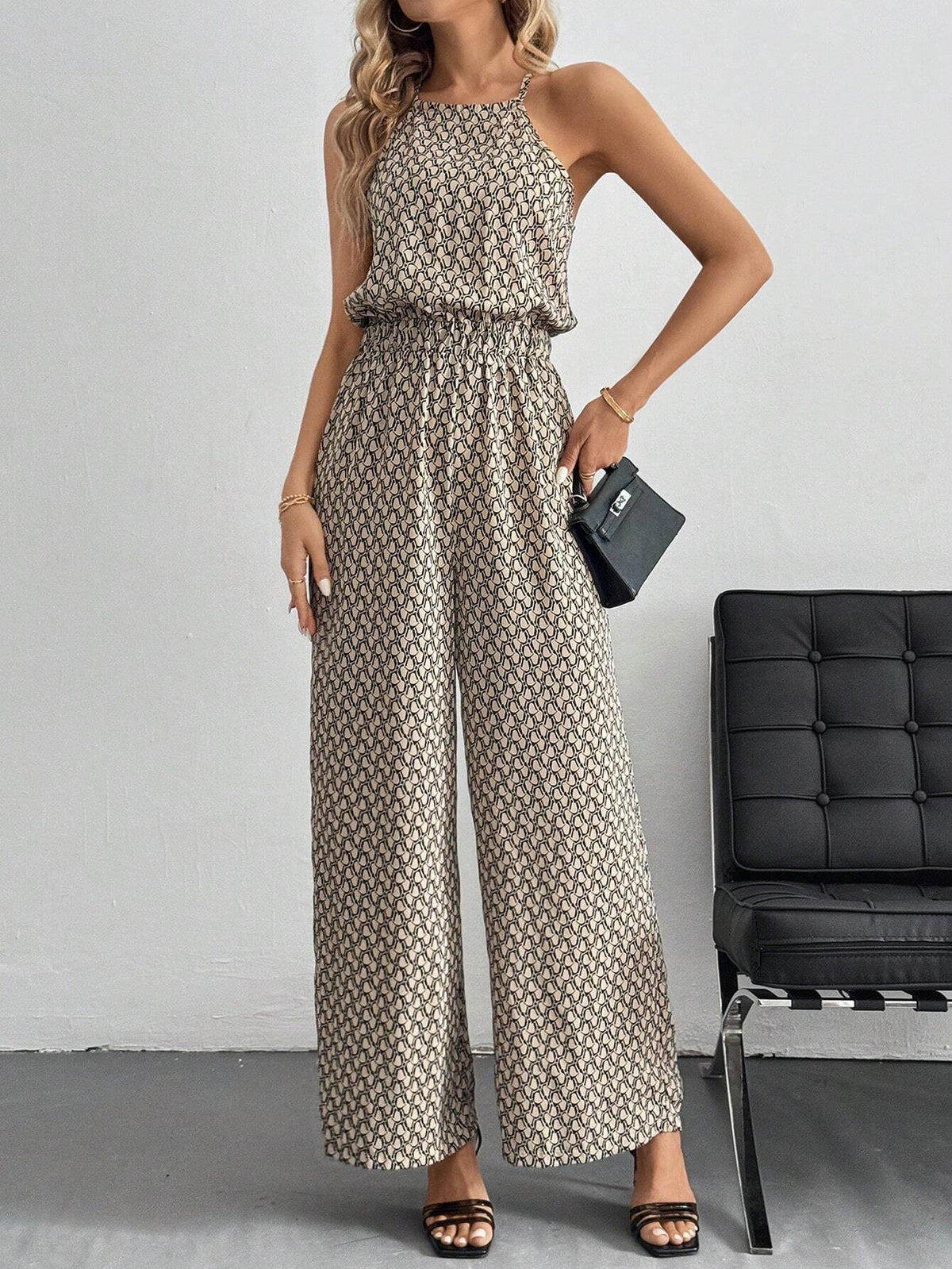 Leopard (Geo/ Tropical/ Shadow Floral Print+ Wide-Leg) Sleeveless Wide Leg Jumpsuit With All-Over Print And Gathered Waist