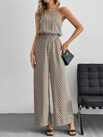 Leopard (Geo/ Tropical/ Shadow Floral Print+ Wide-Leg) Sleeveless Wide Leg Jumpsuit With All-Over Print And Gathered Waist