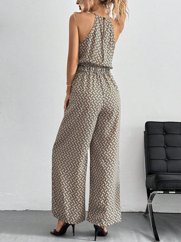 Leopard (Geo/ Tropical/ Shadow Floral Print+ Wide-Leg) Sleeveless Wide Leg Jumpsuit With All-Over Print And Gathered Waist