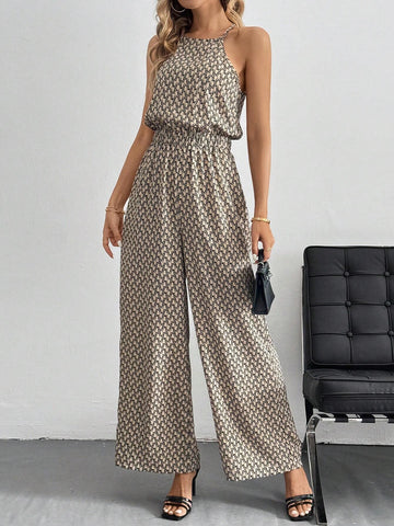Leopard (Geo/ Tropical/ Shadow Floral Print+ Wide-Leg) Sleeveless Wide Leg Jumpsuit With All-Over Print And Gathered Waist