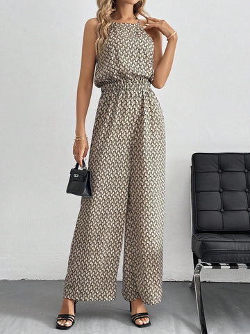 Leopard (Geo/ Tropical/ Shadow Floral Print+ Wide-Leg) Sleeveless Wide Leg Jumpsuit With All-Over Print And Gathered Waist