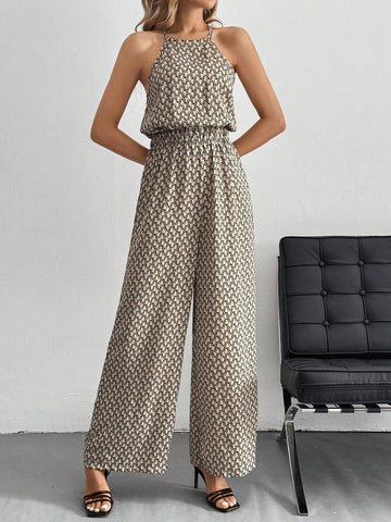 Leopard (Geo/ Tropical/ Shadow Floral Print+ Wide-Leg) Sleeveless Wide Leg Jumpsuit With All-Over Print And Gathered Waist