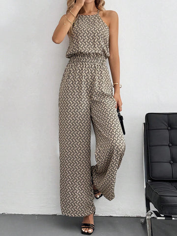 Leopard (Geo/ Tropical/ Shadow Floral Print+ Wide-Leg) Sleeveless Wide Leg Jumpsuit With All-Over Print And Gathered Waist