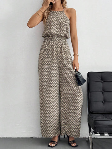 Leopard (Geo/ Tropical/ Shadow Floral Print+ Wide-Leg) Sleeveless Wide Leg Jumpsuit With All-Over Print And Gathered Waist
