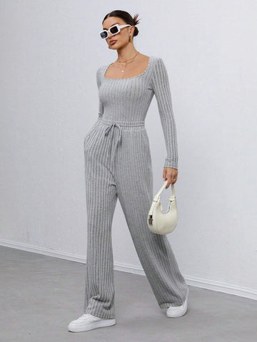 Long-Sleeved Square-Neck Solid Color Jumpsuit + Trousers Two-Piece Set