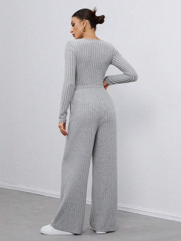 Long-Sleeved Square-Neck Solid Color Jumpsuit + Trousers Two-Piece Set