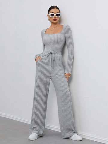 Long-Sleeved Square-Neck Solid Color Jumpsuit + Trousers Two-Piece Set