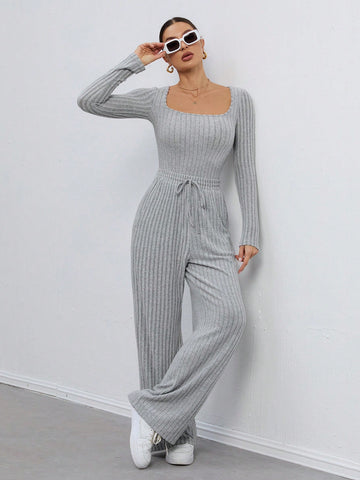 Long-Sleeved Square-Neck Solid Color Jumpsuit + Trousers Two-Piece Set