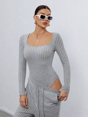 Long-Sleeved Square-Neck Solid Color Jumpsuit + Trousers Two-Piece Set