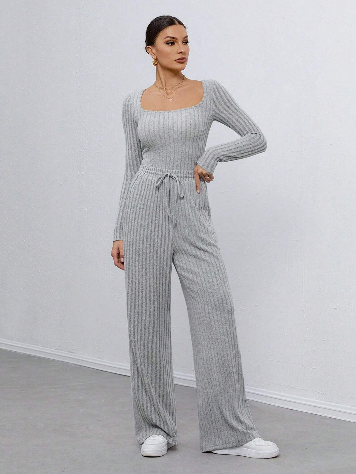 Long-Sleeved Square-Neck Solid Color Jumpsuit + Trousers Two-Piece Set