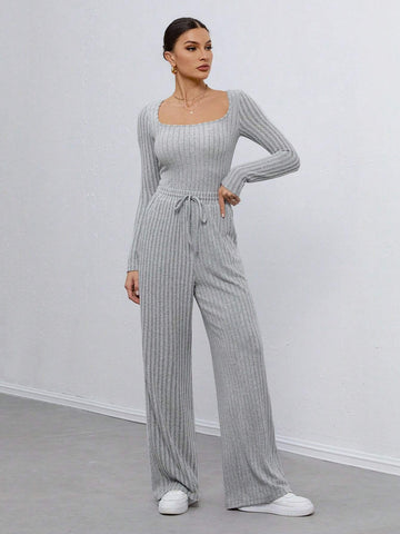 Long-Sleeved Square-Neck Solid Color Jumpsuit + Trousers Two-Piece Set