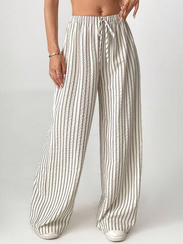 Tall Loose Striped Wide-Leg Pants With Front Tie, Casual Wear