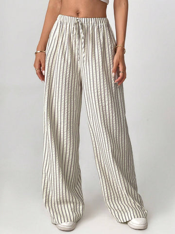 Tall Loose Striped Wide-Leg Pants With Front Tie, Casual Wear