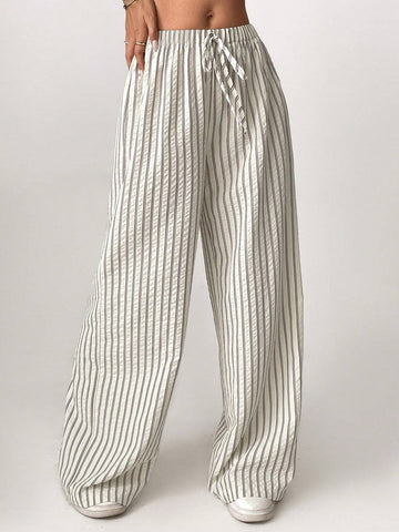 Tall Loose Striped Wide-Leg Pants With Front Tie, Casual Wear